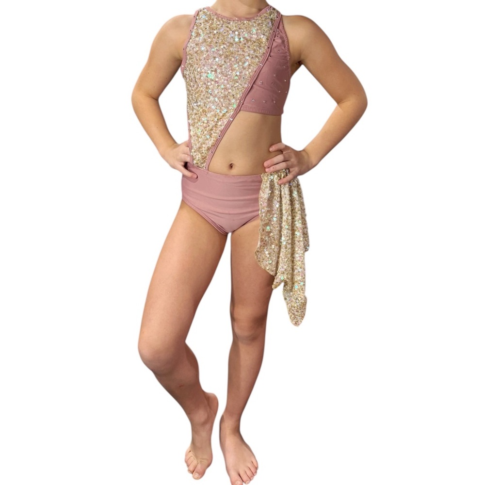 Reverence | Sequins Lyrical Two-Piece with Front Drape Pink Gold, YL